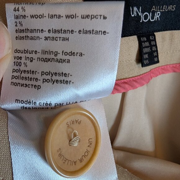 UN JOUR AILLEURS Paris Wool Blend Beige Pencil Skirt Size 10 Office - Picture 11 of 11